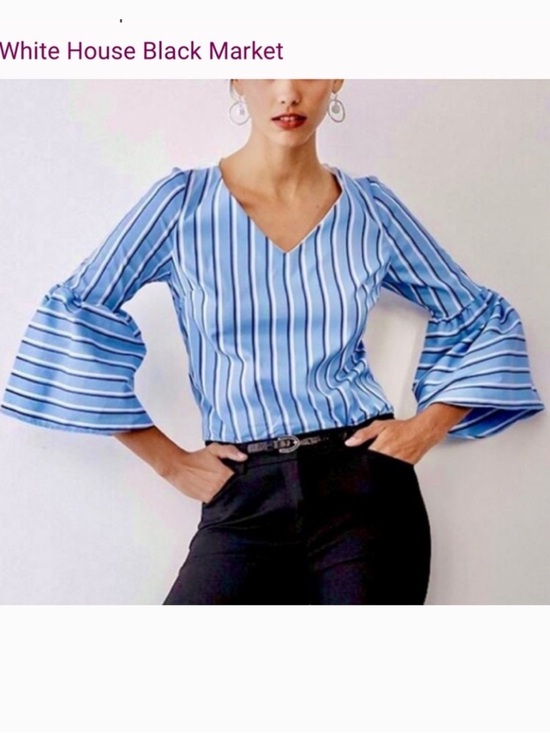 White House Black Market Tops - White House Black Market Blue Stripe Bell Sleeve Cotton Stretch Top Size 0